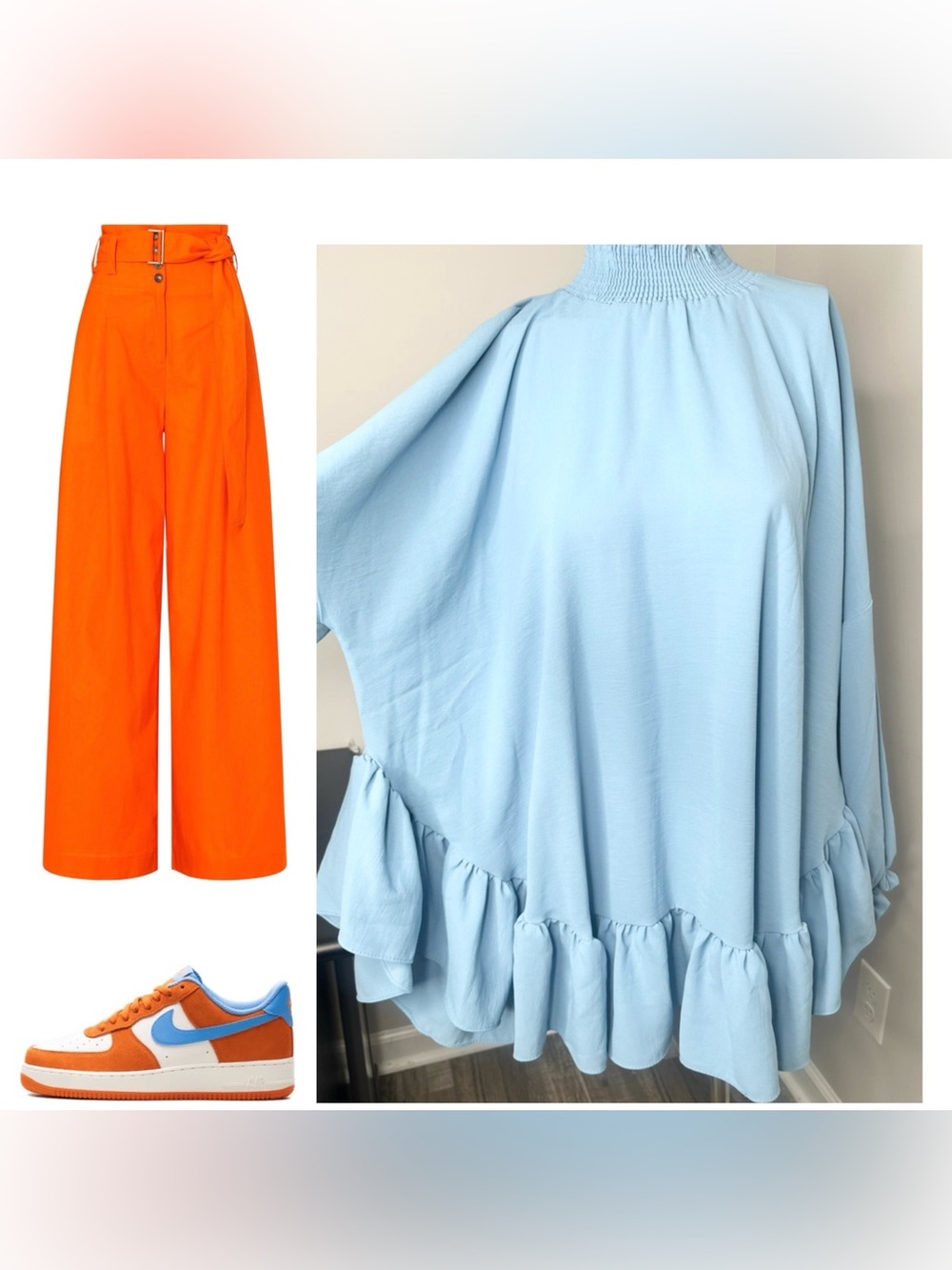 Refka Light Blue Ruffle-Hem Smocked Neck Blouse — Women's Blouse-14
